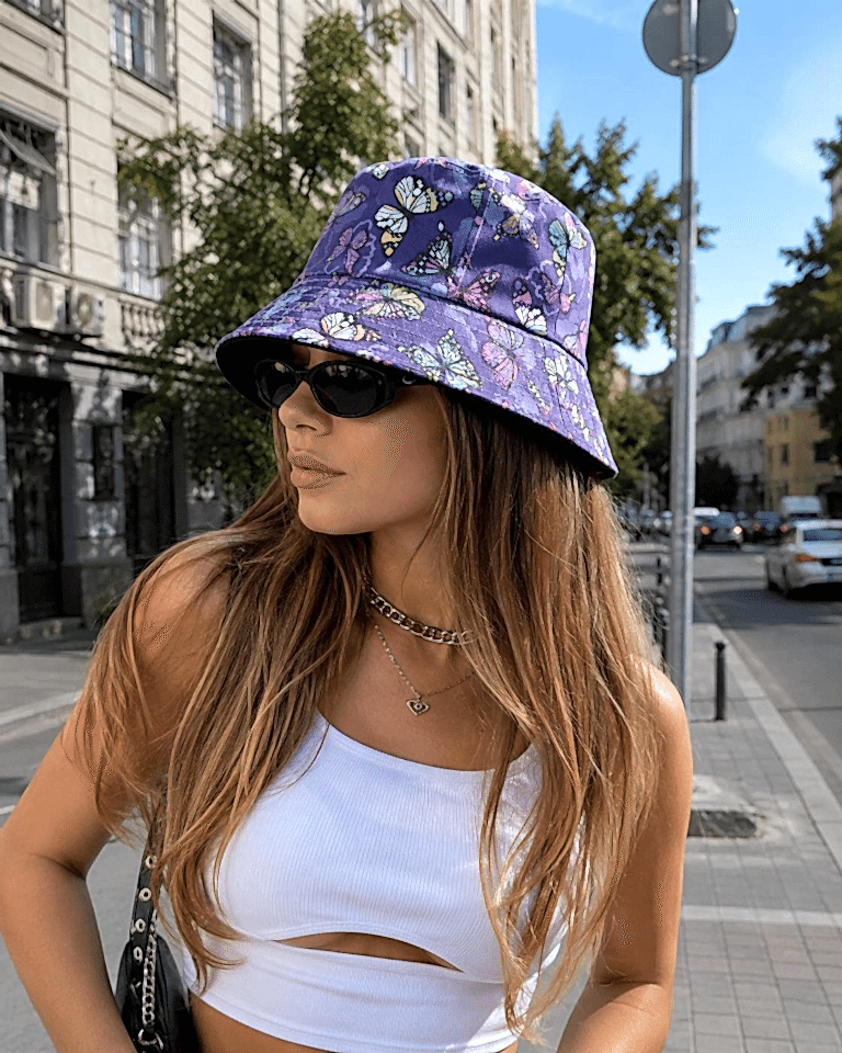 Kadın Bucket Şapka Yazlık Kova Şapka Kadın Kelebek Desenli