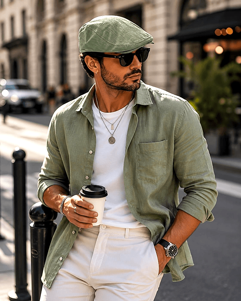 Kasket Pamuklu London Flat Cap Şapka Desenli Su Yeşili